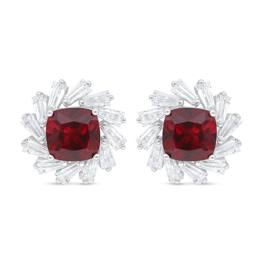 [EAR01RUB00WCZD095] Sterling Silver 925 Earring Rhodium Plated Embedded With Ruby Corundum And White Zircon