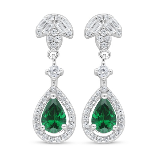 [EAR01EMR00WCZD114] Sterling Silver 925 Earring Rhodium Plated Embedded With Emerald Zircon And White Zircon