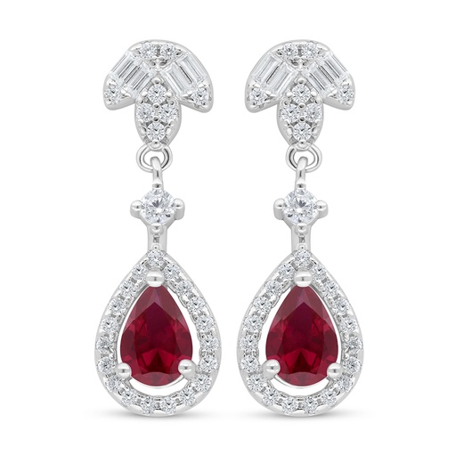 [EAR01RUB00WCZD114] Sterling Silver 925 Earring Rhodium Plated Embedded With Ruby Corundum And White Zircon