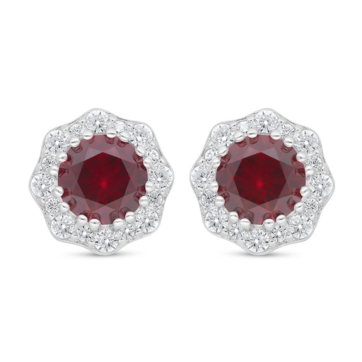 [EAR01RUB00WCZD115] Sterling Silver 925 Earring Rhodium Plated Embedded With Ruby Corundum And White Zircon