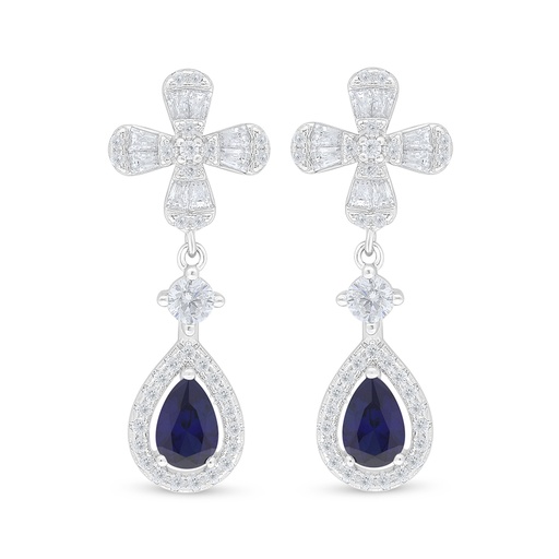 [EAR01SAP00WCZD116] Sterling Silver 925 Earring Rhodium Plated Embedded With Sapphire Corundum And White Zircon