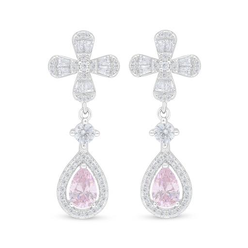 [EAR01PIK00WCZD116] Sterling Silver 925 Earring Rhodium Plated Embedded With Pink Zircon And White Zircon