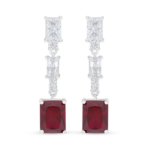 [EAR01RUB00WCZD122] Sterling Silver 925 Earring Rhodium Plated Embedded With Ruby Corundum And White Zircon