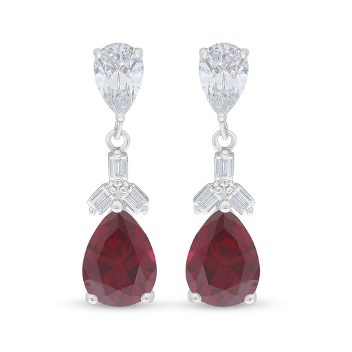 [EAR01RUB00WCZD124] Sterling Silver 925 Earring Rhodium Plated Embedded With Ruby Corundum And White Zircon