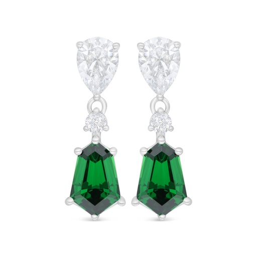 [EAR01EMR00WCZD127] Sterling Silver 925 Earring Rhodium Plated Embedded With Emerald Zircon And White Zircon