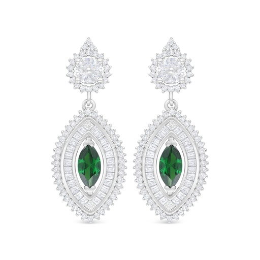 [EAR01EMR00WCZD132] Sterling Silver 925 Earring Rhodium Plated Embedded With Emerald Zircon And White Zircon