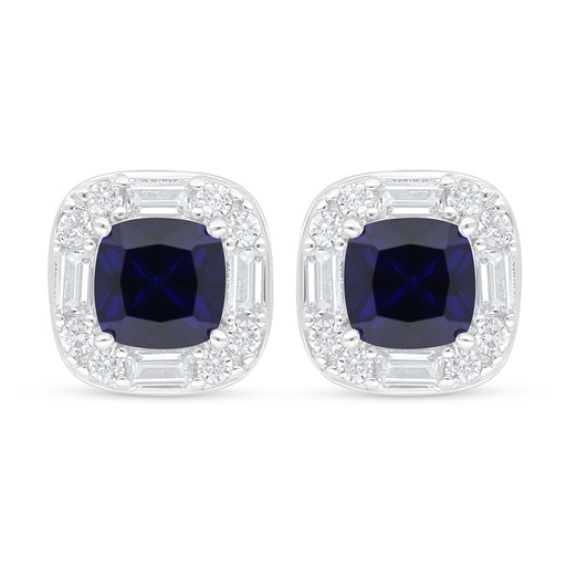 [EAR01SAP00WCZD142] Sterling Silver 925 Earring Rhodium Plated Embedded With Sapphire Corundum And White Zircon