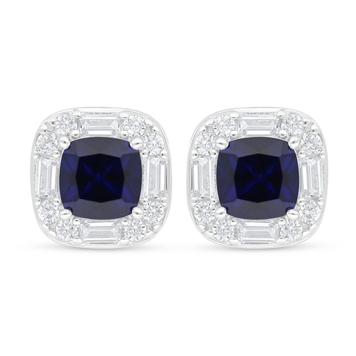 [EAR01SAP00WCZD142] Sterling Silver 925 Earring Rhodium Plated Embedded With Sapphire Corundum And White Zircon