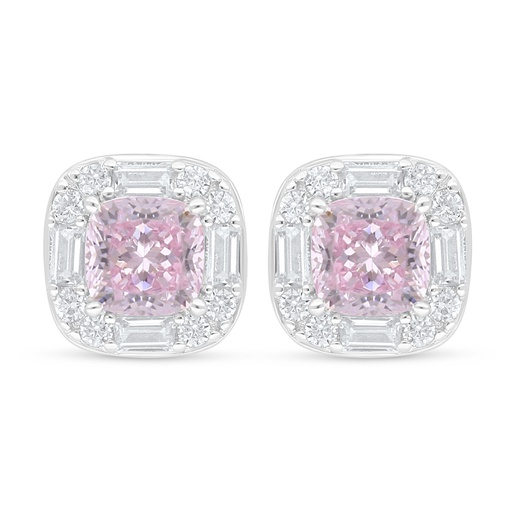 [EAR01PIK00WCZD142] Sterling Silver 925 Earring Rhodium Plated Embedded With Pink Zircon And White Zircon