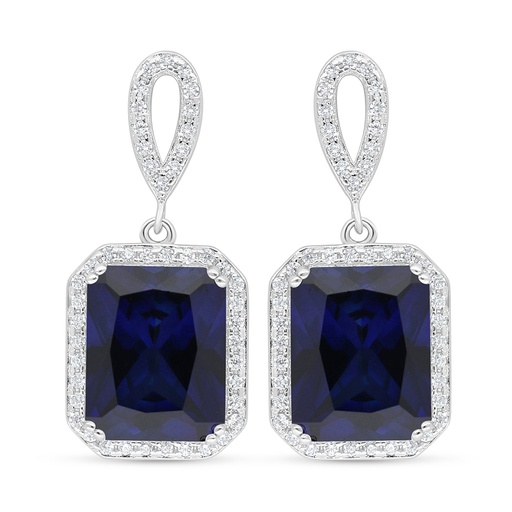 [EAR01SAP00WCZD143] Sterling Silver 925 Earring Rhodium Plated Embedded With Sapphire Corundum And White Zircon