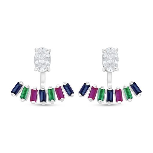 [EAR01MLS00WCZD148] Sterling Silver 925 Earring Rhodium Plated Embedded With Sapphire Corundum And Ruby Corundum And Emerald Zircon And White Zircon