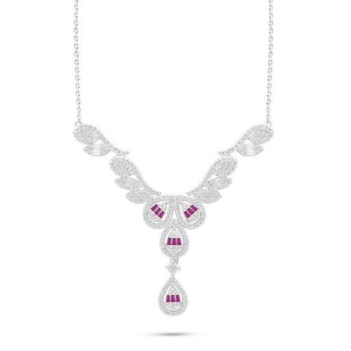 [NCL01RUB00WCZC169] Sterling Silver 925 Necklace Rhodium Plated Embedded With Ruby Corundum And White Zircon