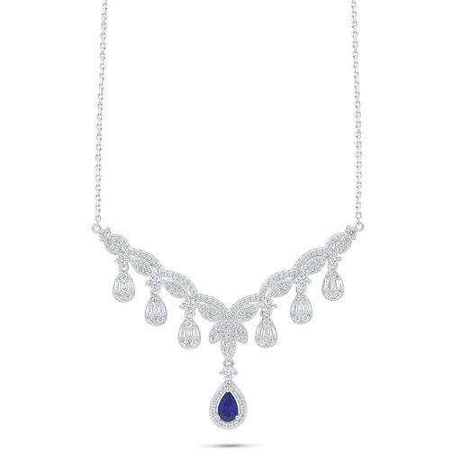 [NCL01SAP00WCZC171] Sterling Silver 925 Necklace Rhodium Plated Embedded With Sapphire Corundum And White Zircon