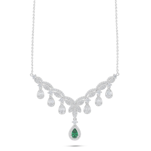 [NCL01EMR00WCZC171] Sterling Silver 925 Necklace Rhodium Plated Embedded With Emerald Zircon And White Zircon