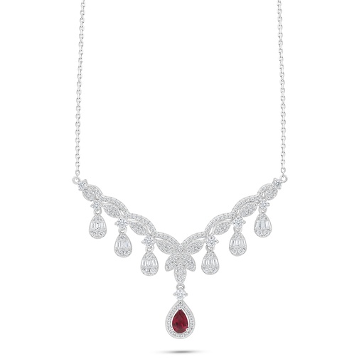 [NCL01RUB00WCZC171] Sterling Silver 925 Necklace Rhodium Plated Embedded With Ruby Corundum And White Zircon