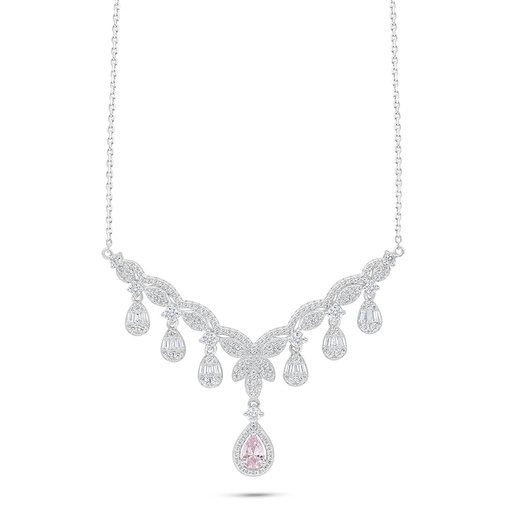 [NCL01PIK00WCZC171] Sterling Silver 925 Necklace Rhodium Plated Embedded With Pink Zircon And White Zircon