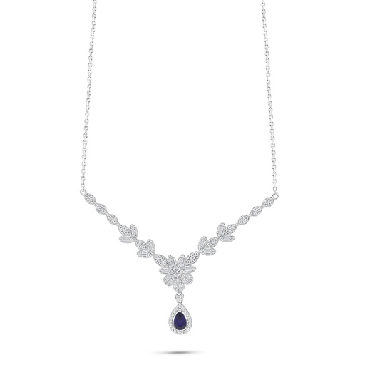 [NCL01SAP00WCZC172] Sterling Silver 925 Necklace Rhodium Plated Embedded With Sapphire Corundum And White Zircon