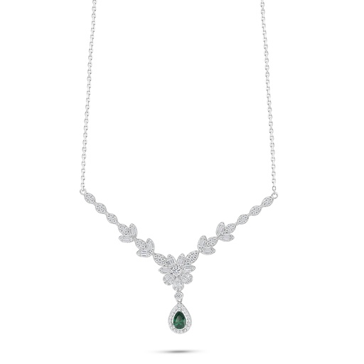 [NCL01EMR00WCZC172] Sterling Silver 925 Necklace Rhodium Plated Embedded With Emerald Zircon And White Zircon