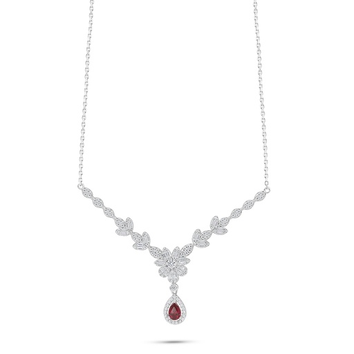 [NCL01RUB00WCZC172] Sterling Silver 925 Necklace Rhodium Plated Embedded With Ruby Corundum And White Zircon