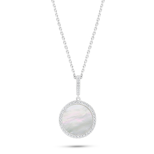 [NCL01MOP00WCZC174] Sterling Silver 925 Necklace Rhodium Plated Embedded With White Shell And White Zircon