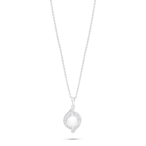 [NCL01FPR00WCZC177] Sterling Silver 925 Necklace Rhodium Plated Embedded With Natural White Pearl And White Zircon 