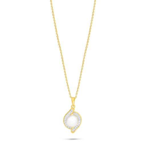 [NCL02FPR00WCZC177] Sterling Silver 925 Necklace Golden Plated Embedded With Natural White Pearl And White Zircon 