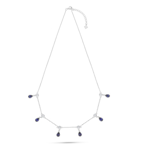 [NCL01SAP00WCZC190] Sterling Silver 925 Necklace Rhodium Plated Embedded With Sapphire Corundum And White Zircon