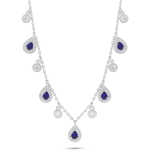 [NCL01SAP00WCZC192] Sterling Silver 925 Necklace Rhodium Plated Embedded With Sapphire Corundum And White Zircon