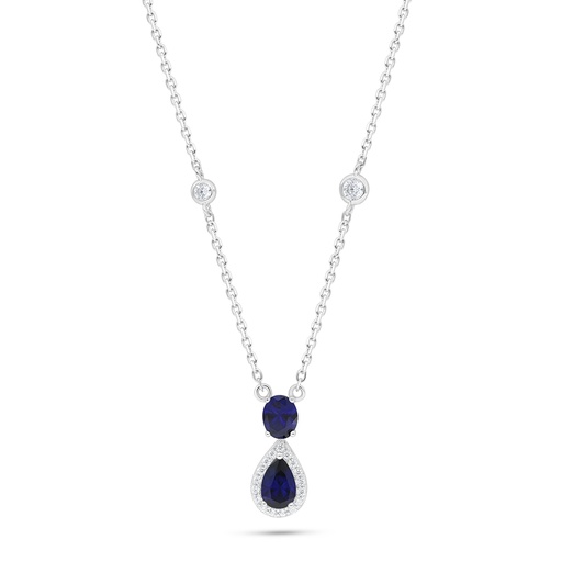 [NCL01SAP00WCZC209] Sterling Silver 925 Necklace Rhodium Plated Embedded With Sapphire Corundum And White Zircon