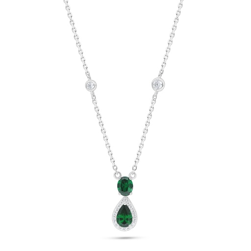 [NCL01EMR00WCZC209] Sterling Silver 925 Necklace Rhodium Plated Embedded With Emerald Zircon And White Zircon