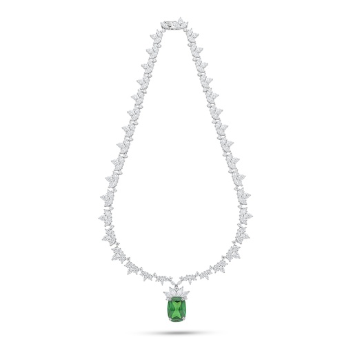 [NCL01EMR00WCZC215] Sterling Silver 925 Necklace Rhodium Plated Embedded With Emerald Zircon And White Zircon