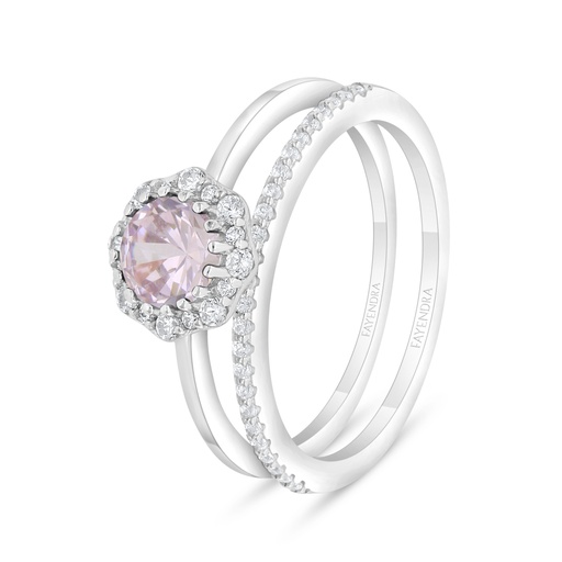 Sterling Silver 925 Ring (Twins) Rhodium Plated Embedded With Pink Zircon And White Zircon