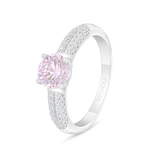 Sterling Silver 925 Ring Rhodium Plated Embedded With Pink Zircon And White Zircon