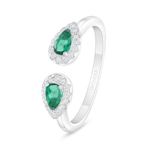 Sterling Silver 925 Ring Rhodium Plated Embedded With Emerald Zircon And White Zircon