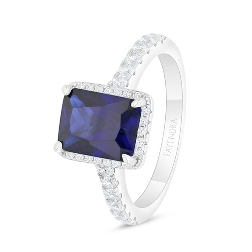 Sterling Silver 925 Ring Rhodium Plated Embedded With Sapphire Corundum And White Zircon