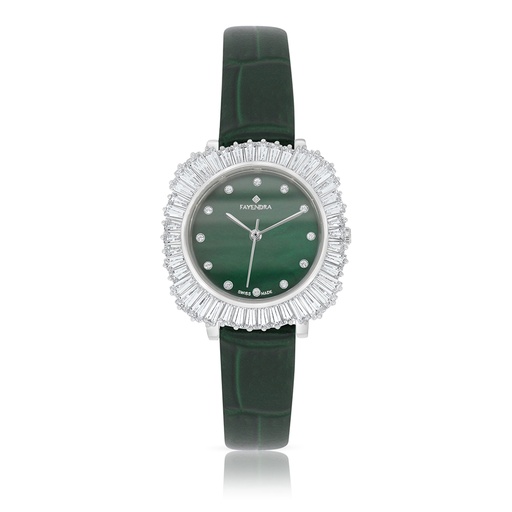 [WAT31WCZ00GRNW074] Stainless Steel 316 Watch Silver Plated And Green Leather Embedded With White Zircon - GREEN MOP DIAL