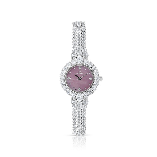 [WAT31WCZ00PIKW078] Stainless Steel 316 Watch Silver Plated Embedded With White Zircon - Pink MOP DIAL