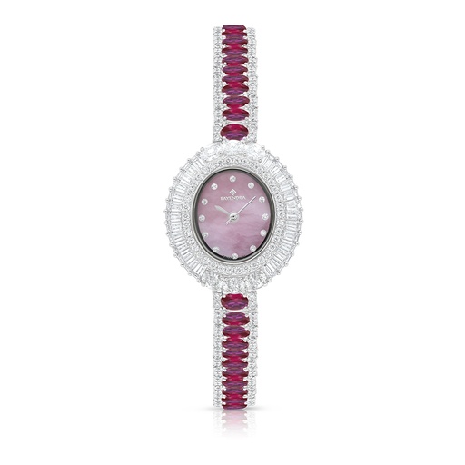 [WAT31WCZ00PIKW084] Stainless Steel 316 Watch Silver Plated Embedded With Ruby Corundum And White Zircon - Pink MOP DIAL