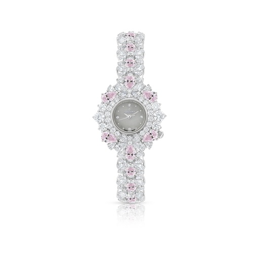 [WAT31WCZ02MOPW086] Stainless Steel 316 Watch Silver Plated Embedded With pink Zircon And White Zircon - MOP DIAL