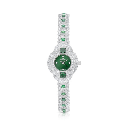 [WAT31WCZ00GRNW087] Stainless Steel 316 Watch Silver Plated Embedded With Emerald Zircon And White Zircon - GREEN MOP DIAL