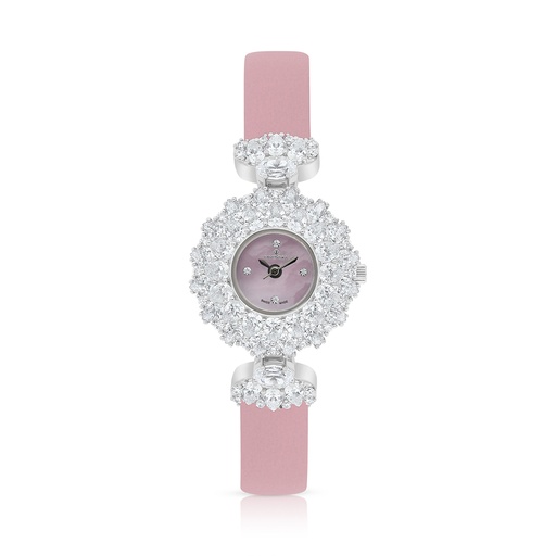 [WAT31WCZ00PIKW091] Stainless Steel 316 Watch Silver Plated And Pink Leather Embedded With White Zircon - Pink MOP DIAL