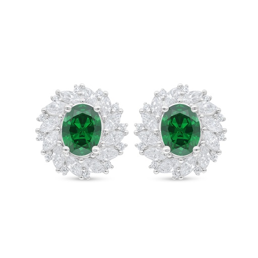 [EAR01EMR00WCZD350] Sterling Silver 925 Earring Rhodium Plated Embedded With Emerald Zircon And White Zircon