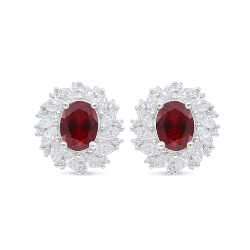 [EAR01RUB00WCZD350] Sterling Silver 925 Earring Rhodium Plated Embedded With Ruby Corundum And White Zircon