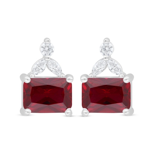 [EAR01RUB00WCZD363] Sterling Silver 925 Earring Rhodium Plated Embedded With Ruby Corundum And White Zircon