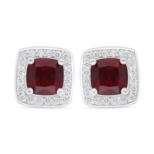 [EAR01RUB00WCZD364] Sterling Silver 925 Earring Rhodium Plated Embedded With Ruby Corundum And White Zircon