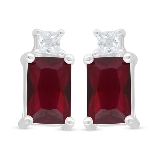 [EAR01RUB00WCZD366] Sterling Silver 925 Earring Rhodium Plated Embedded With Ruby Corundum And White Zircon