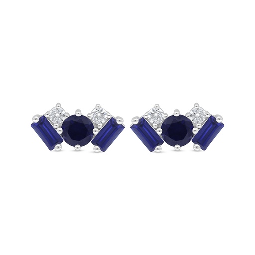 [EAR01SAP00WCZD371] Sterling Silver 925 Earring Rhodium Plated Embedded With Sapphire Corundum And White Zircon