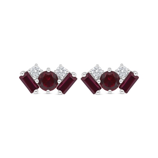 [EAR01RUB00WCZD371] Sterling Silver 925 Earring Rhodium Plated Embedded With Ruby Corundum And White Zircon