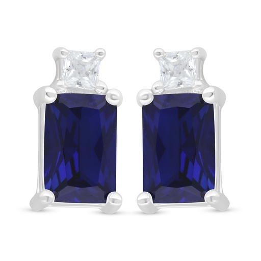 [EAR01SAP00WCZD452] Sterling Silver 925 Earring Rhodium Plated Embedded With Sapphire Corundum And White Zircon