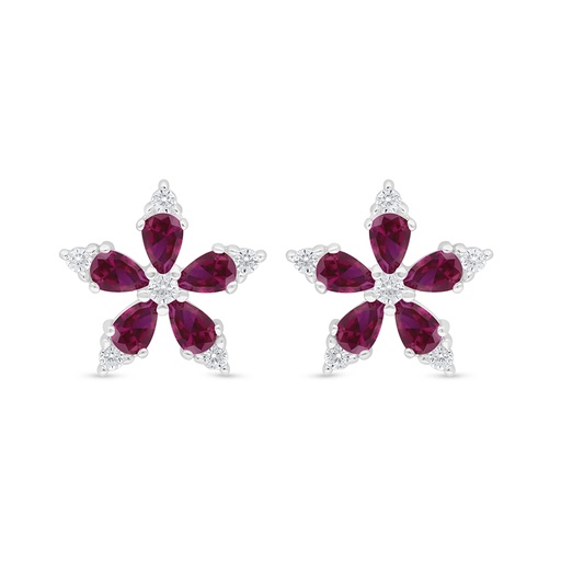 [EAR01RUB00WCZD475] Sterling Silver 925 Earring Rhodium Plated Embedded With Ruby Corundum And White Zircon